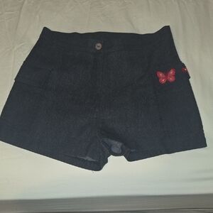Elegant Dark Blue Women's Shorts with Red Butterfly Details